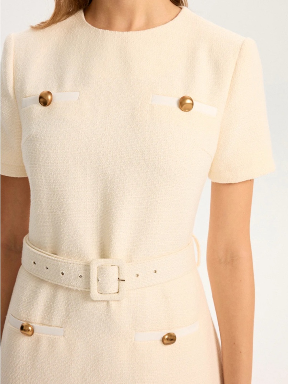 NWT Commense Cream Short Sleeve A-Line Dress with Gold Buttons *missing belt* - Picture 4 of 10